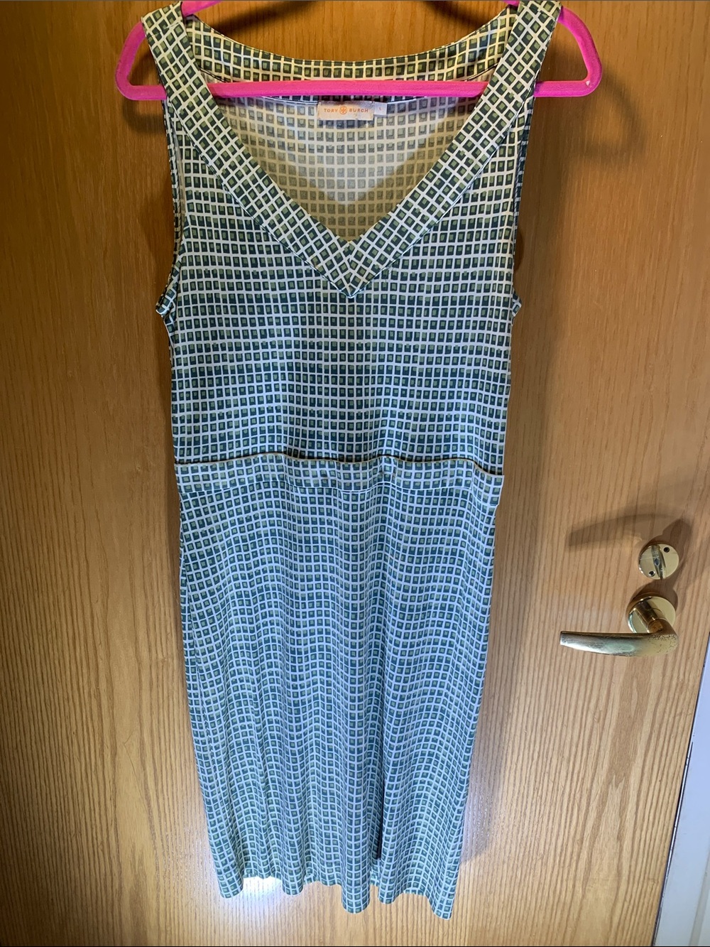 Tory Burch 100% Silk Green/Ivory Grid V-Neck Sleeveless Midi Dress - Size L